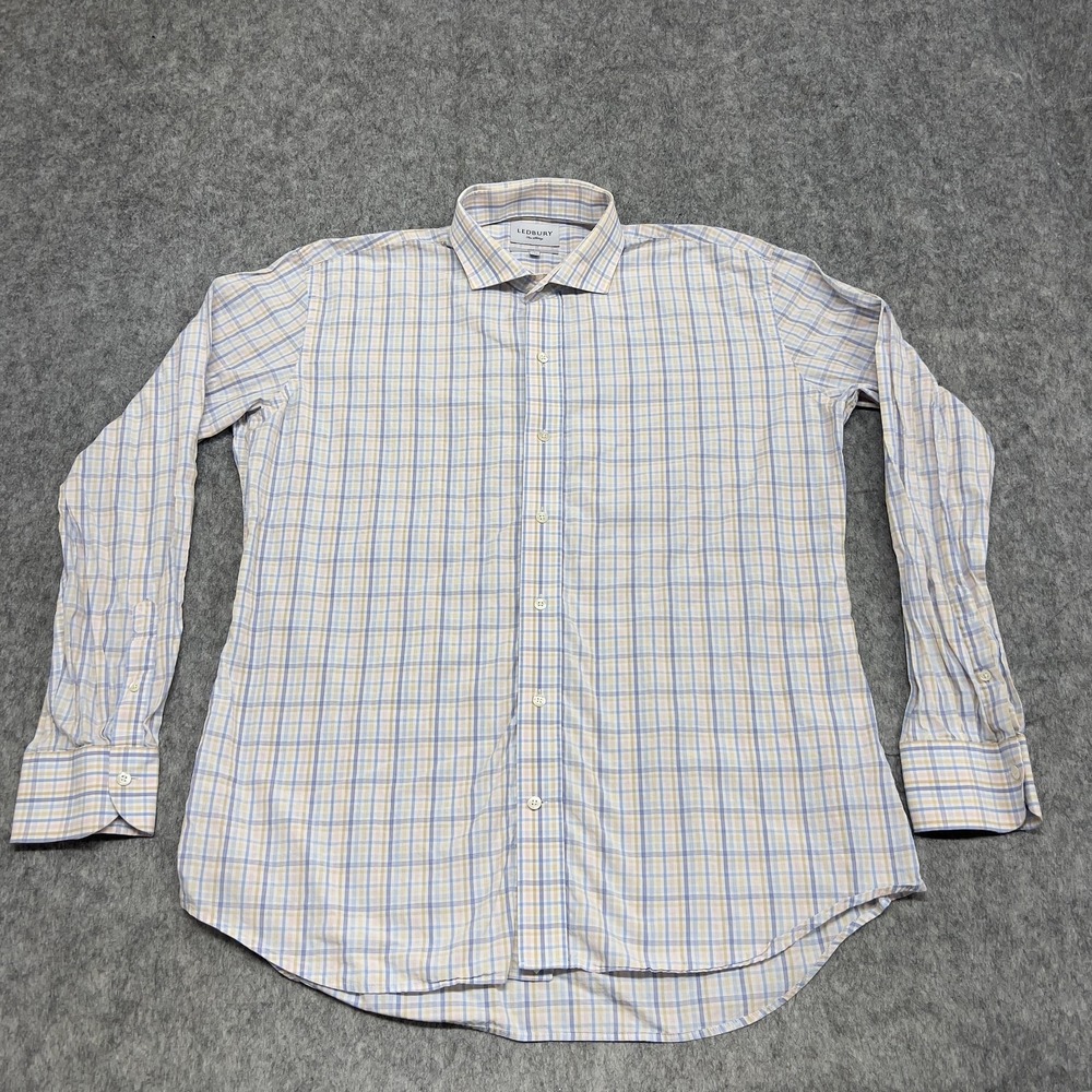 Ledbury Shirt Mens 17.5 Blue Plaid Multi Slim Fit Button Down Long Sleeve Cotton